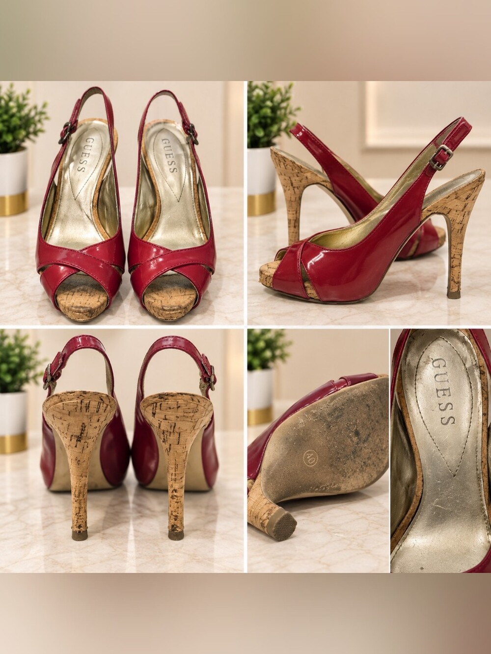 GUESS Red Patent Peep-Toe Slingback Cork Heels – Size 40